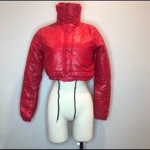 Red cropped puffer jacket -never worn